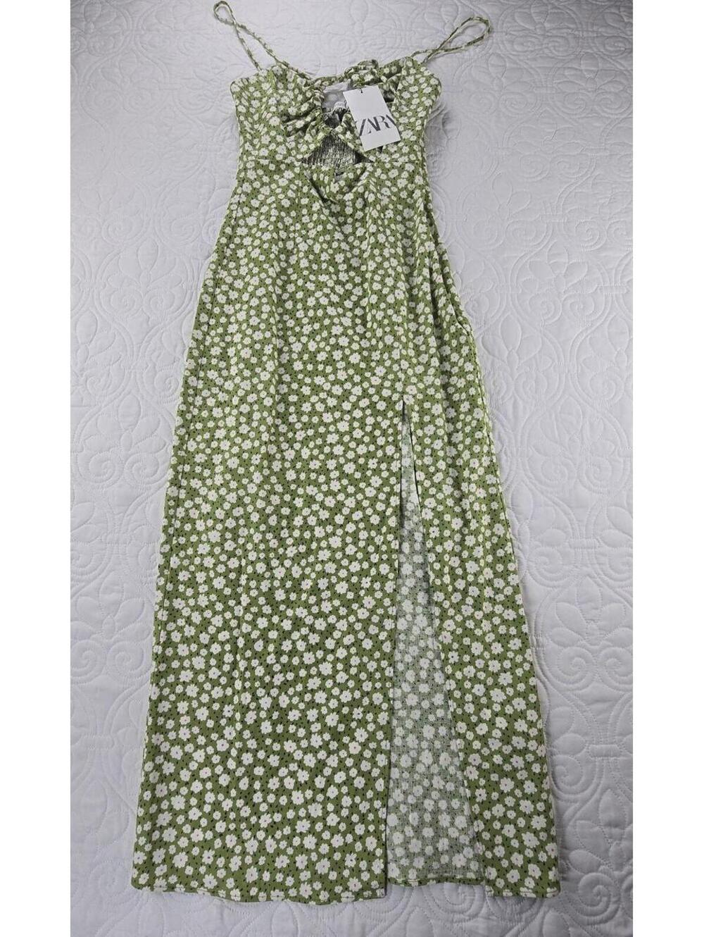 Zara NWT Green Daisy Floral Smocked Midi Dress XS Cottagecore - Picture 2 of 9